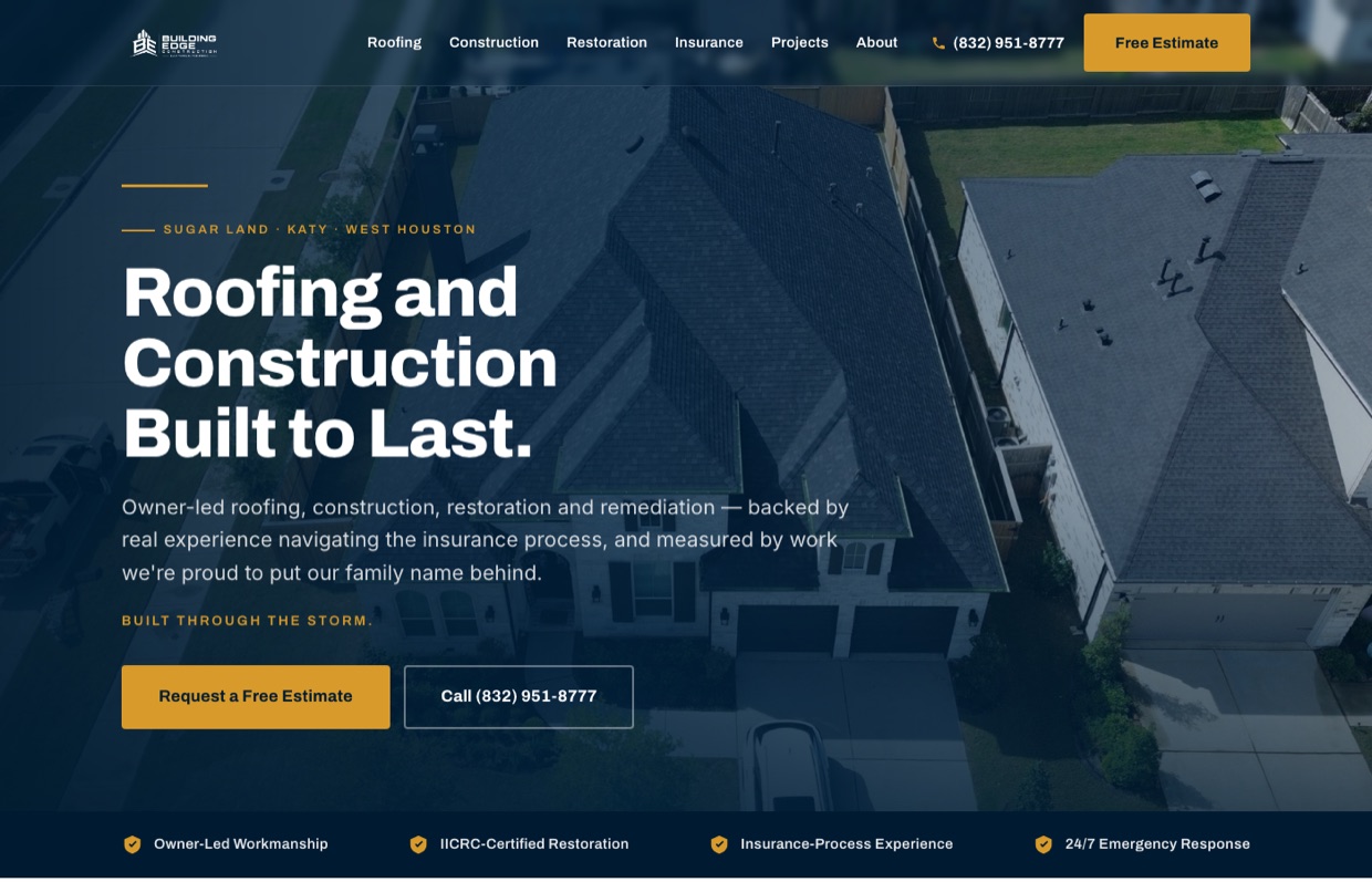 BE Construction website — roofing, construction and restoration in Sugar Land, Katy and West Houston